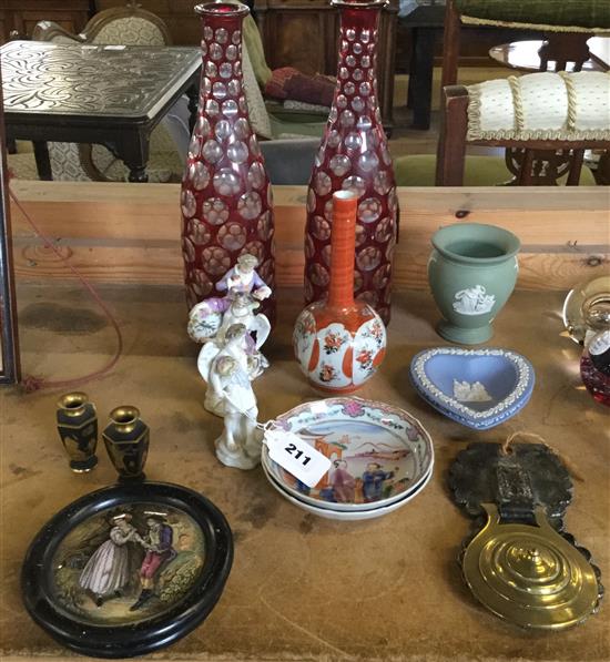 Pair Continental angels, mixed ceramics & pair glass decanters